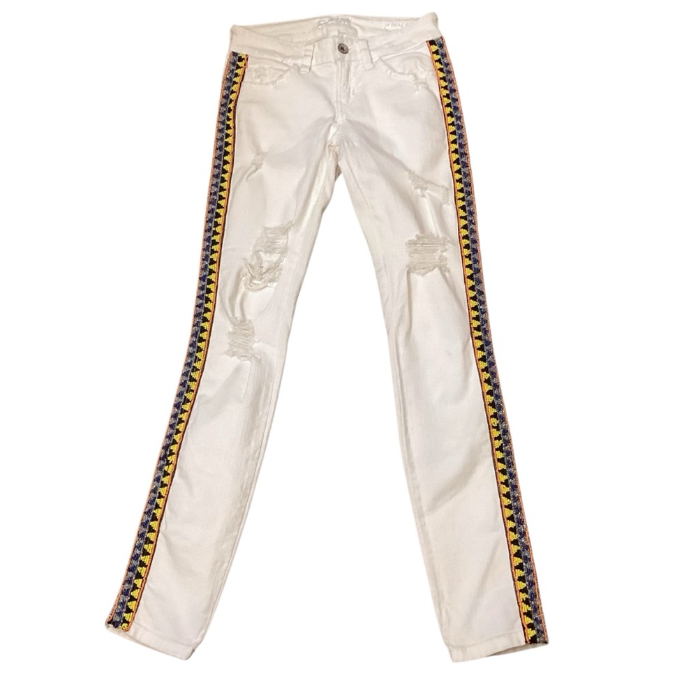 Guess Brittney Mid-rise Skinny White Distressed Jeans Beaded Tuxedo Stripe Sz 26